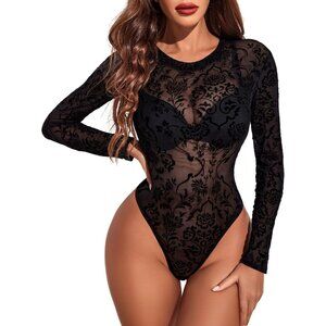 Women's Floral Bodysuit Black Long Sleeve Bodysuit Round Neck Sheer Leotard